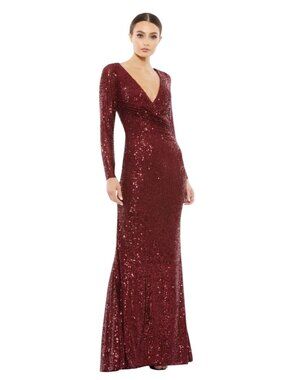Mac Duggal 26574 Red Wine Sequin Long Sleeve Gown Size 8 $398